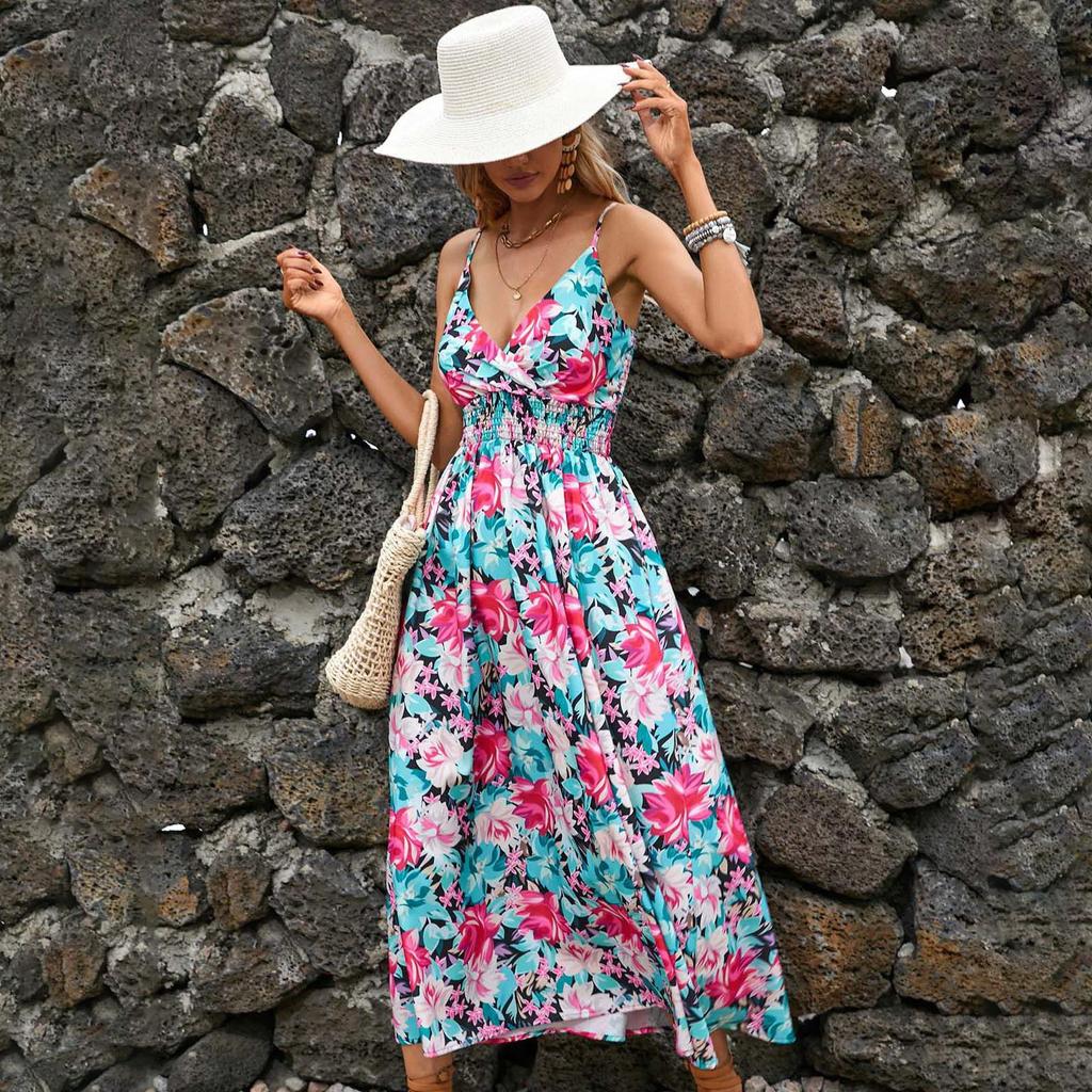 Женское летнее платье без рукавов с этническим принтом и высокой талией на шнуровке