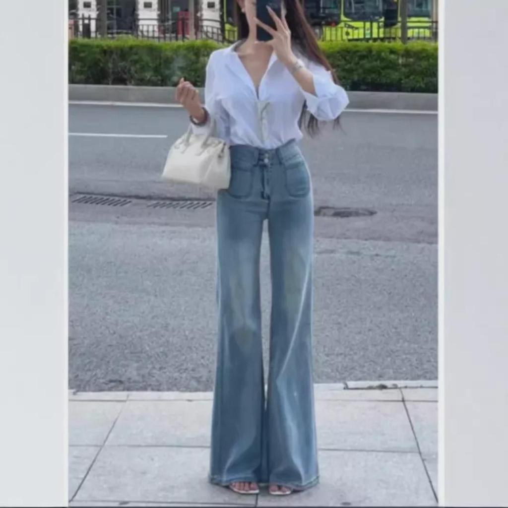 «Женские узкие расклешенные джинсы с высокой талией — тренд весны/осени 2025 года, маленький размер, эластичный и свободный крой»