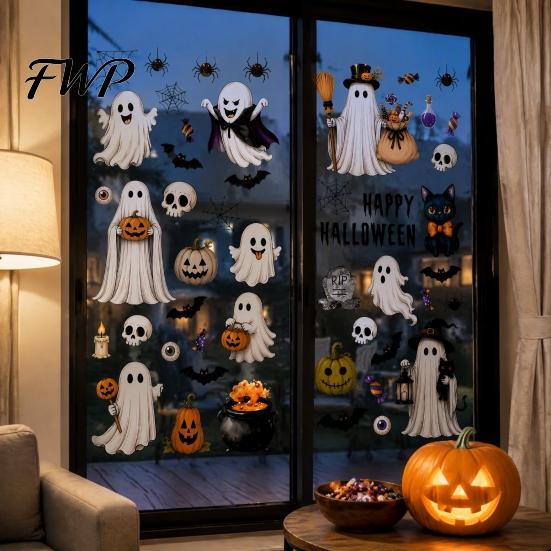 PVC Window Decal 6 Sheets Halloween Clings, Spooky Ghost Pumpkin Bat Wall Sticker Sticker, Reusable Static Glass Decals for Holiday Party Home Decor