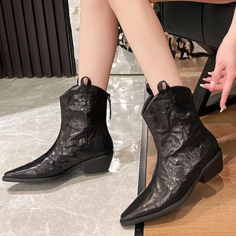 Women's Pointed Toe Western Boots Autumn Comfortable Back Zip Short Boots Solid Color Thick Heel Shoes Zapatos De Mujeres