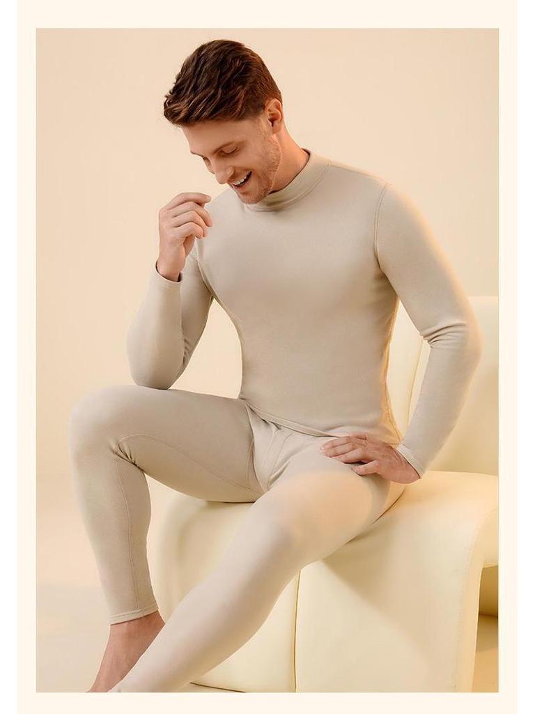 Cashmere Silk Half Turtleneck Thermal Underwear Set: German Fleece, Mid-Neck, Autumn Wear with Velvet, Thickened for Couples.
