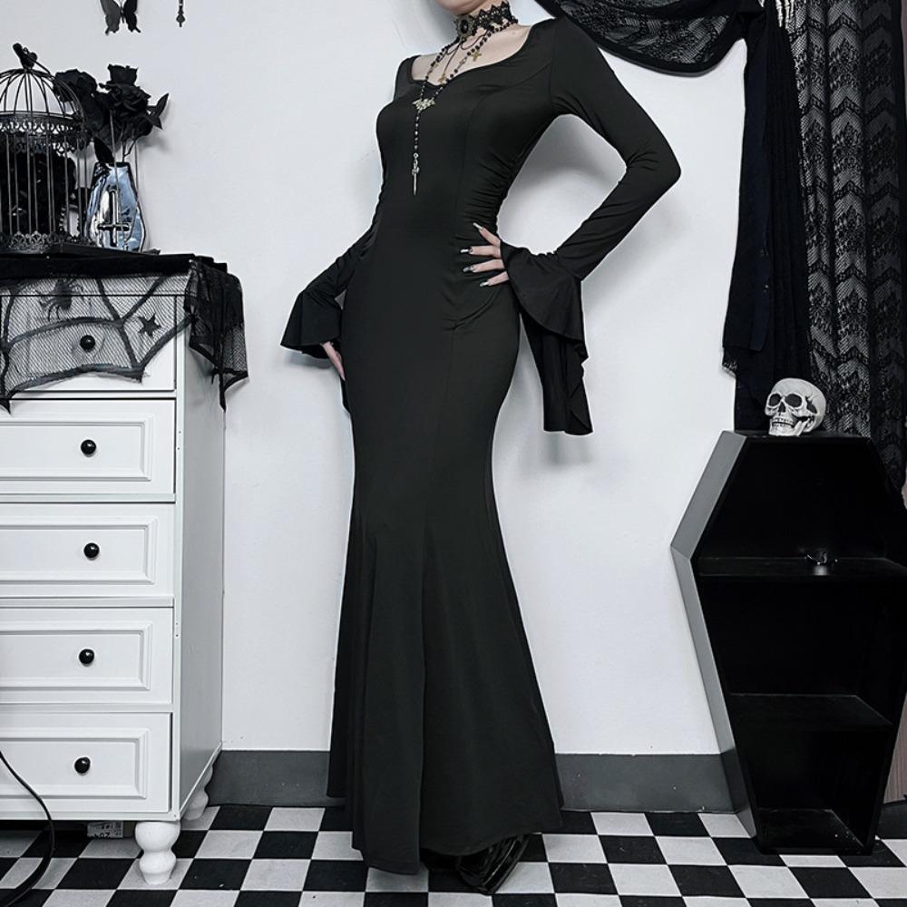 Black Batwing Sleeve Dress Patchwork Grunge Robe Bodycon Vintage Halloween Maxi Dress  Costume