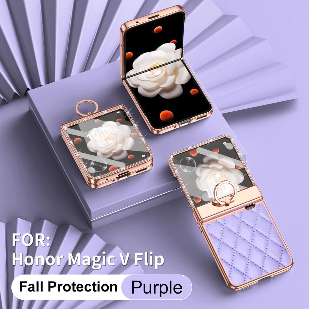 Чехол-держатель для кольца из гальванизированной кожи для Honor Magic V Flip, роскошная защитная крышка для линз с бриллиантами для Honor MagicV Flip LRA-AN00