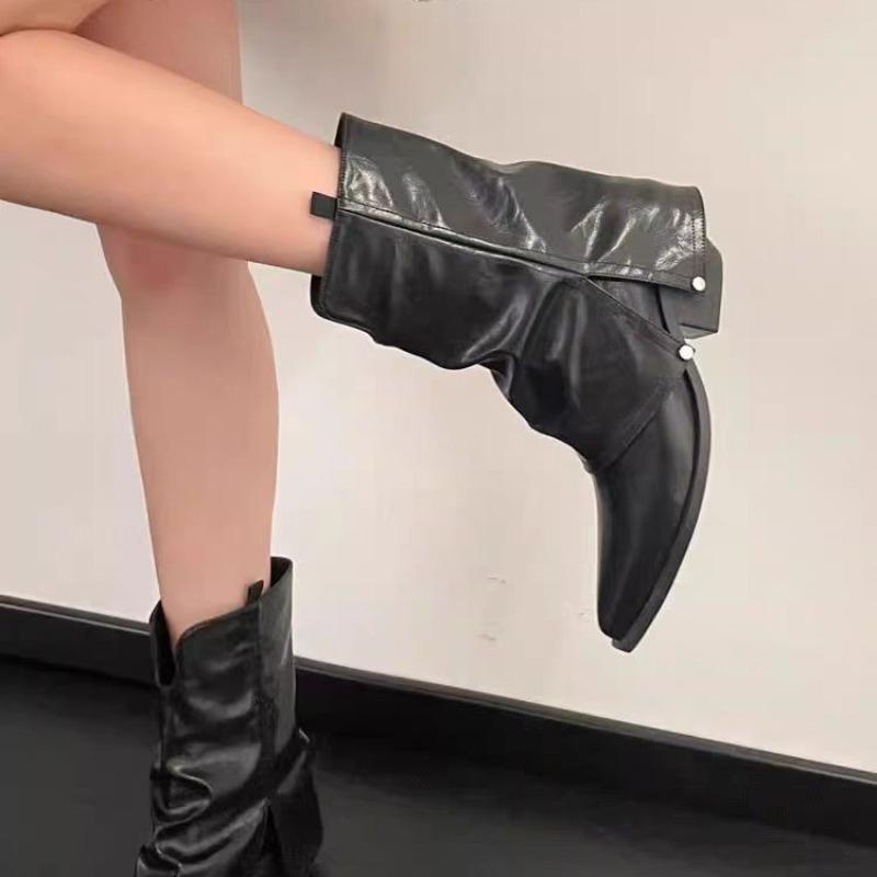 2024 Solid Color Design Pointed Toe Square Heel Winter Tall Simple Office Women's Shoes Pleated Non-slip Winter Boots Zapatos