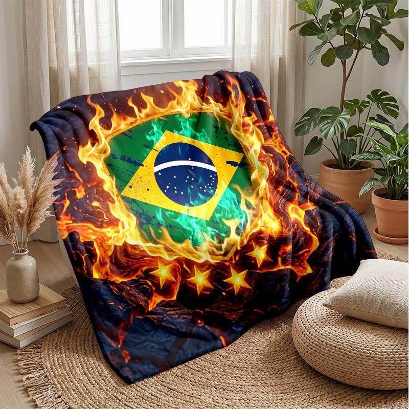 Brazil Football Printed Flannel Blanket Skin Friendly Warm Decorative Throw for Indoor Couch Bed Daily Use