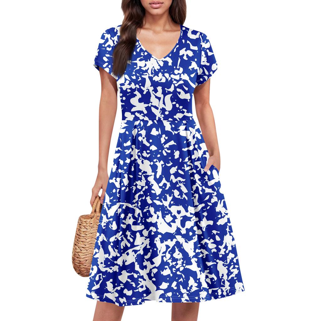Womens Summer Dress Short Sleeve V Neck Short Dresses Fashion Casual Flowy A Line Swing Sundress With Pocket
