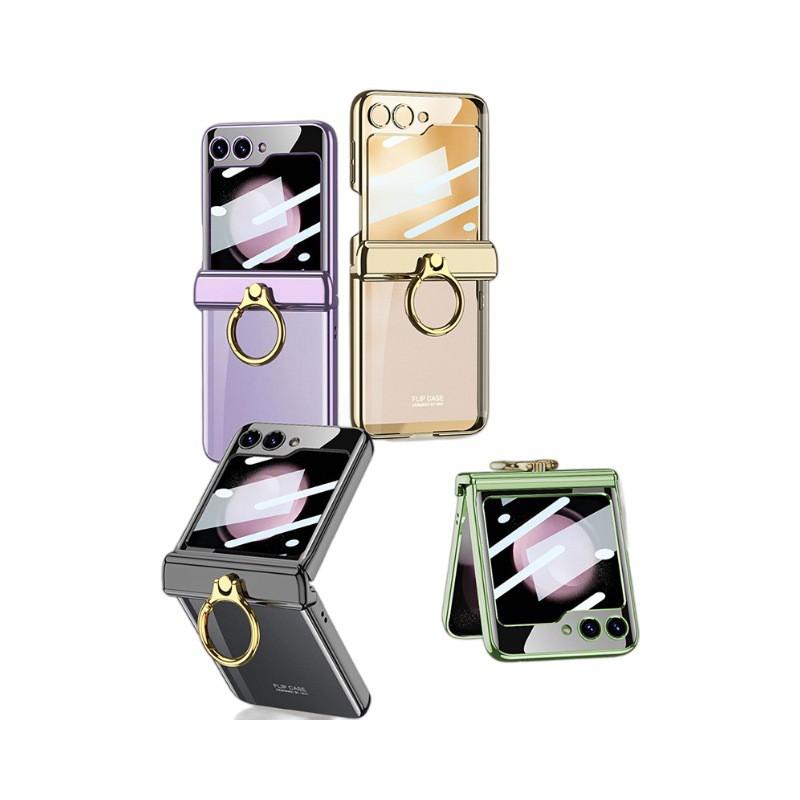 Transparent PC Case With Electroplated Ring Stand Galaxy Z Flip5 Shockproof Cover