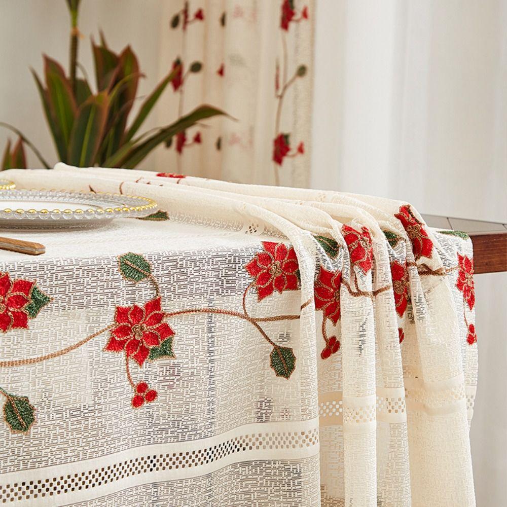 Flower Embroidery Table Cover Beige Table Runner Christmas Lace Tablecloth Table Decorations