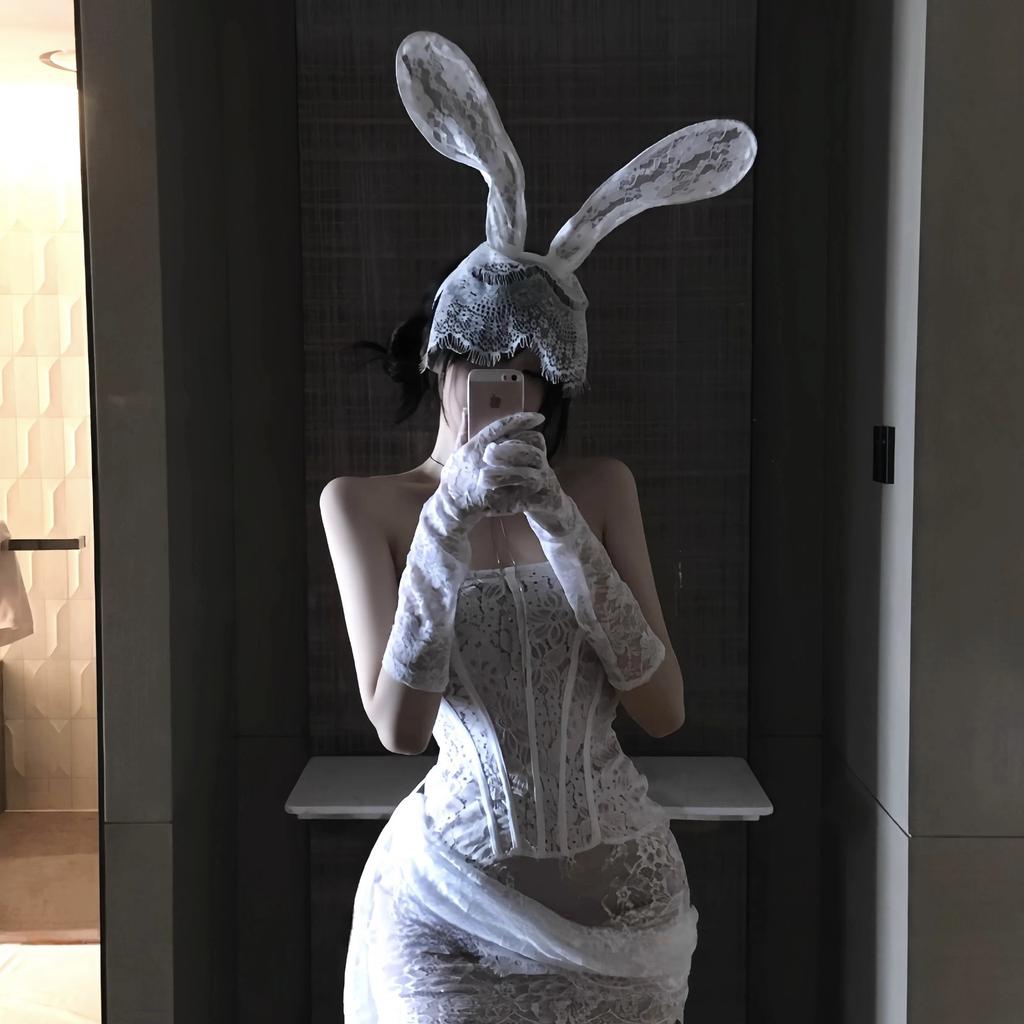 Party Banquet Pure Erotic White Lace Rabbit Ear Hairband for Photography Props for Female Models Decoration