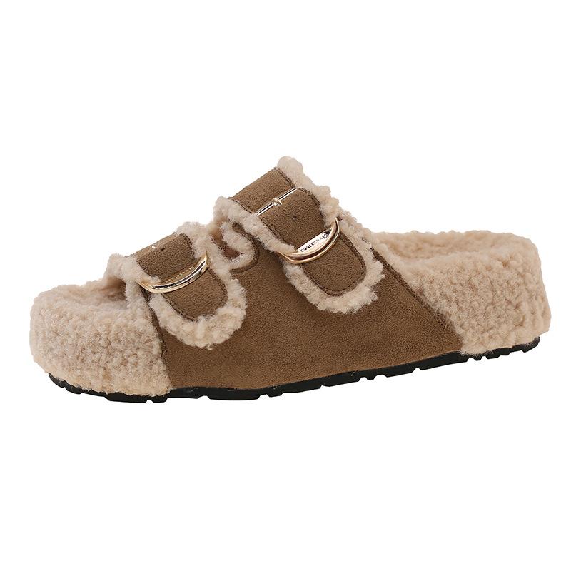 Темпераментные пушистые туфли на толстой подошве для женской моды 2025 года, новая осенняя коллекция, универсальная верхняя одежда, ленивые хлопковые тапочки на одной педали