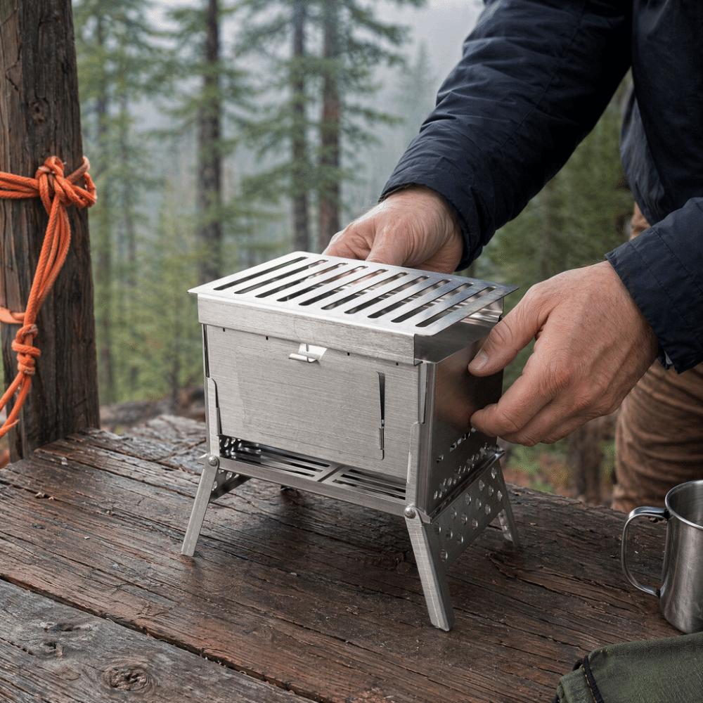 Foldable Wood Burning Stove Stainless Steel Folding Grill Portable Fire Pit  Outdoor Cooking