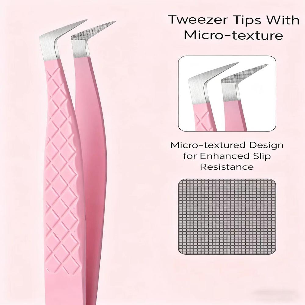 Stainless Steel Private Label Volume Eyelash Extensions Custom Pink Silver Fiber Tip Lash Tweezers