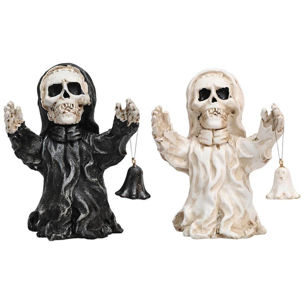 Halloween Skull Statue Holding Bell Figure Bookshelf Desktop Evil Resin Figurine