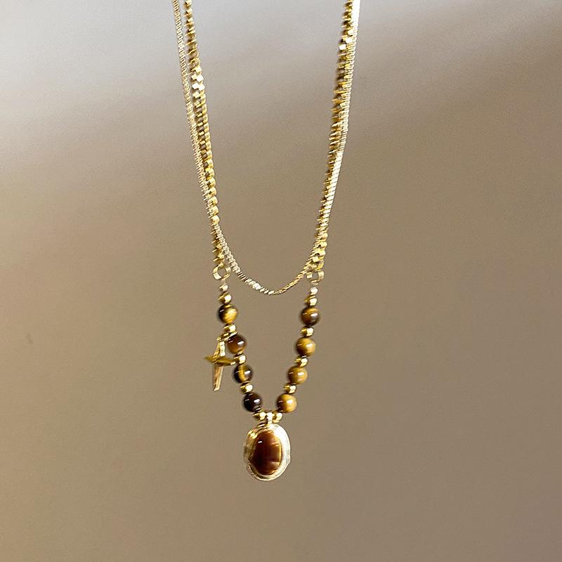 New Double-Layer Brown Stone Pendant Necklace for Women Girls Charm Aesthetic Vintage Tiger Eye Stone Beads Y2K Jewelry Gifts