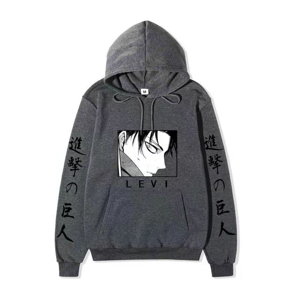 Anime Attack on Titan Levi Ackerman Hoodie, Double Sleeve Japanese Text Print Pullover Sweatshirt Long Sleeve Streetwear for Men Women