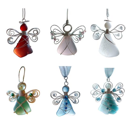 Ангел из морского стекла ручной работы, прибрежное рождественское украшение, искусство из морского стекла, памятный сувенир, ангел, обернутый проволокой, украшение для рождественской елки, для праздничного домашнего декора