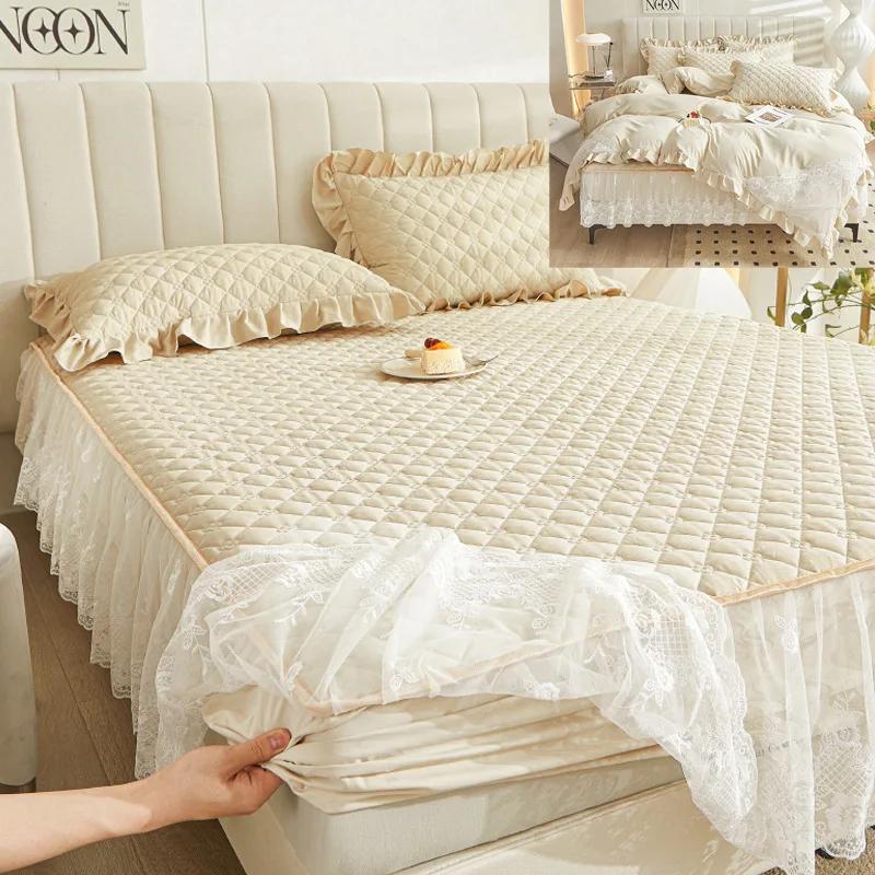 Однотонная клетчатая кружевная вышитая юбка-кровать, утолщенная стеганая пылезащитная наволочка, моющиеся нескользящие простыни, постельные принадлежности