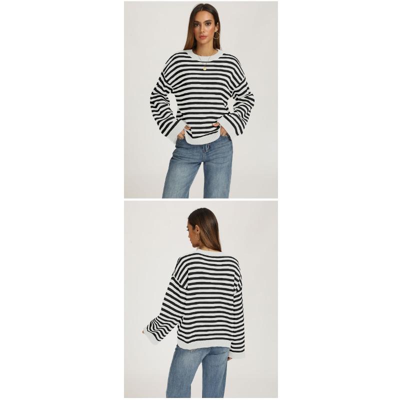 Women Loose Striped Pullover Sweater Crew Neck Long Sleeve Knitwear Autumn Winter
