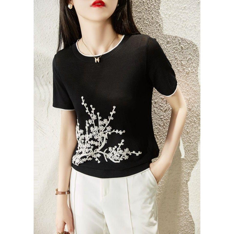 Женская вышитая футболка с короткими рукавами из ледяного шелка, летняя, новая, стильная, с круглым вырезом, тонкая футболка