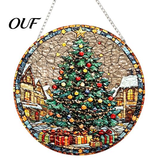 Round Acrylic Window Panel Stained Glass Style Hanging, Tree of Life & Winter Forest Transparent Suncatcher with Metal Chain, Indoor Decoration