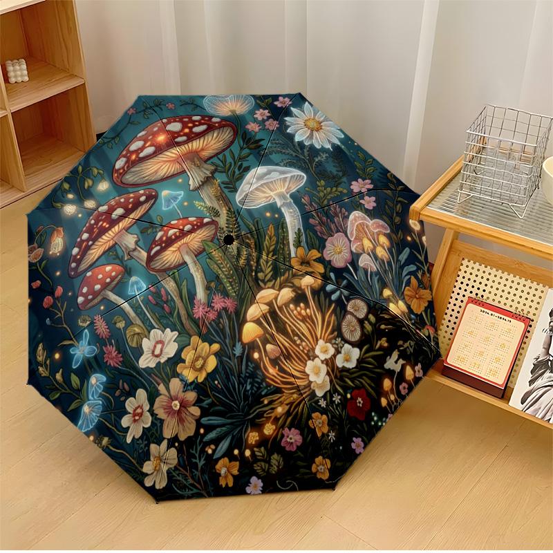 Mystical Mushroom Garden Theme Automatic Umbrella Compact 8-Rib Design Sturdy Construction Durable Umbrella Stylish Accessory