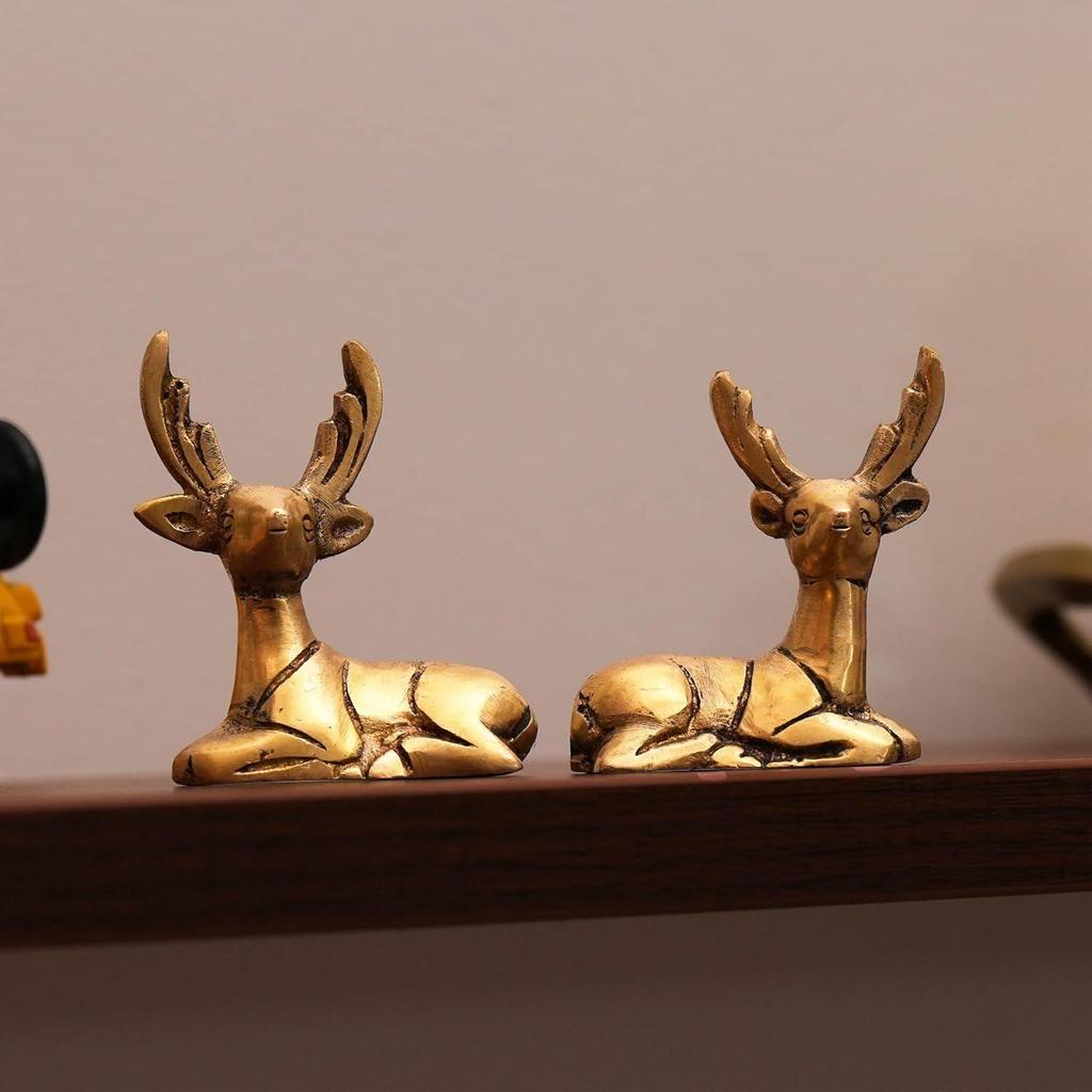 Brass Deer for Home Decor - 2 Piece 100% Pure Brass | Decorative Brass Deer for Desk, Car, and Home Decor | Yellow Antique Finish for Gifting
