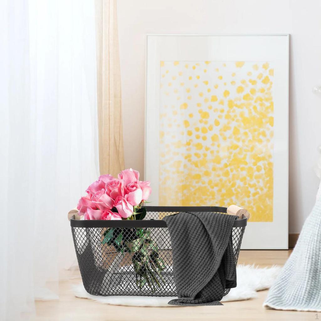 Металлическая сетчатая корзина для хранения с деревянной ручкой, контейнер, универсальный кухонный органайзер для спальни, ржавчина