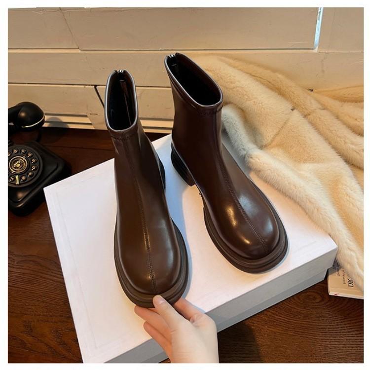 Foreign Skinny Boots Women's Short Boots Black Autumn and Winter Round Head Boots Thick-soled Martin Boots Thick Heel Elastic Single Boots