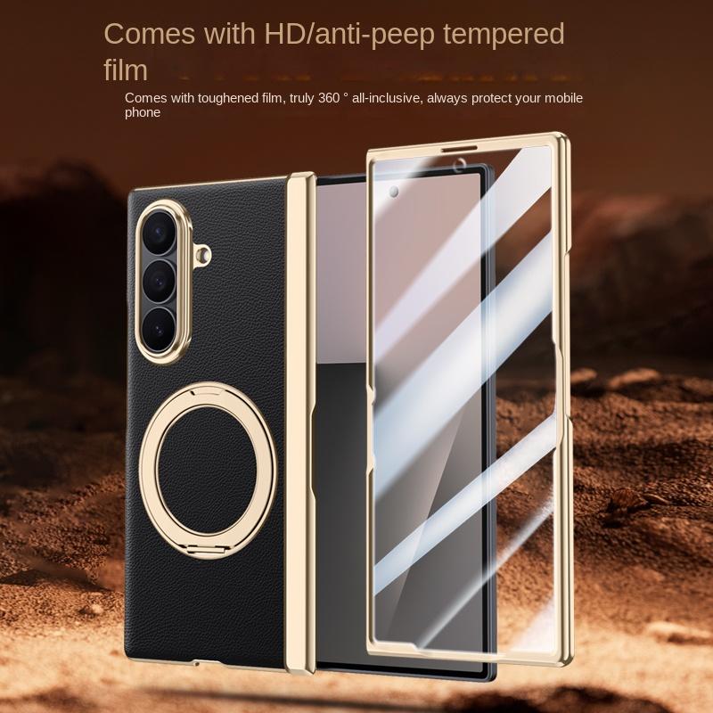 Для Samsung Galaxy Z Fold 7 Кожаный 360° Поворотный Держатель Магнитное Закаленное Стекло Передняя Пленка Противоударный Чехол для Телефона с Поддержкой Отпечатков Пальцев