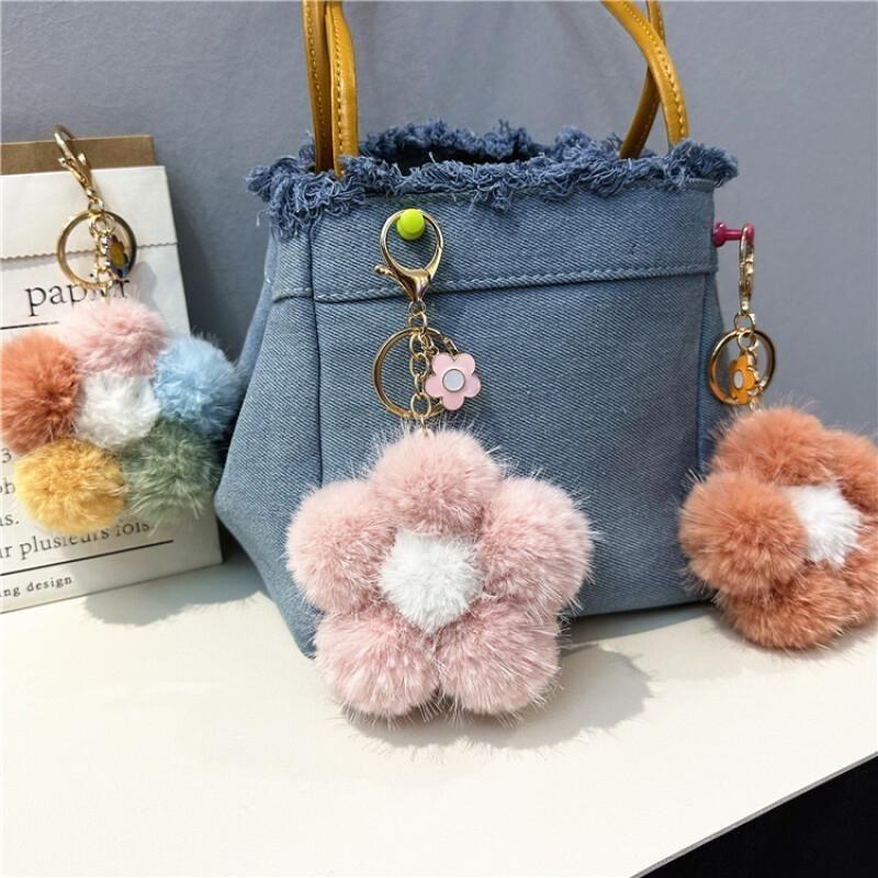 Cherry Blossom Hair Ball Car Keychain Small Fresh Color Plush Flower Mobile Phone Pendant Flower Bag Pendant Gift