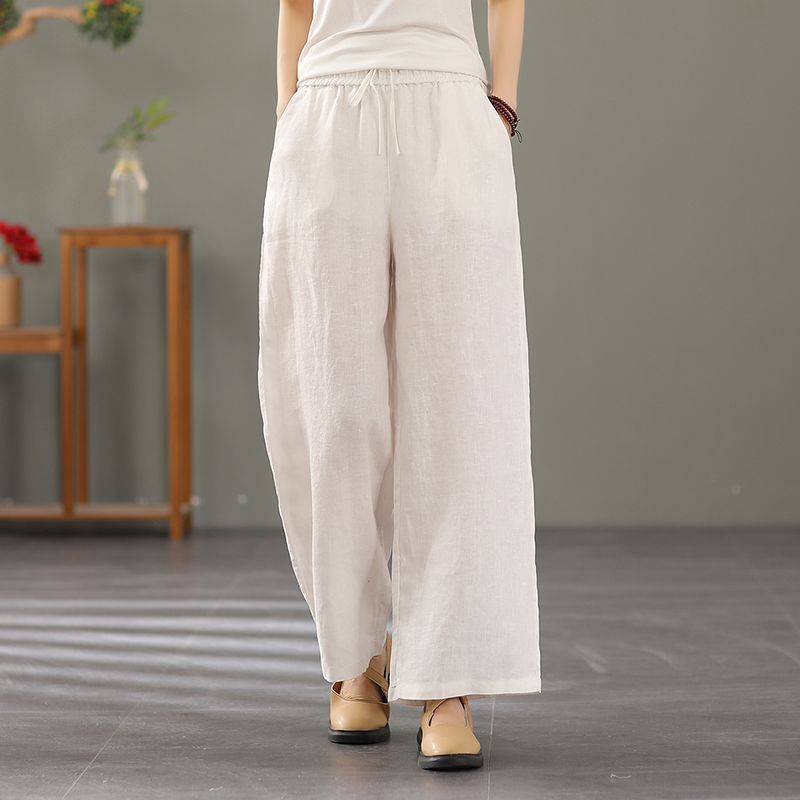 Женские брюки-шаровары, летние повседневные винтажные хлопковые льняные брюки с эластичной резинкой на талии, широкие брюки, модные свободные карманы, женские брюки