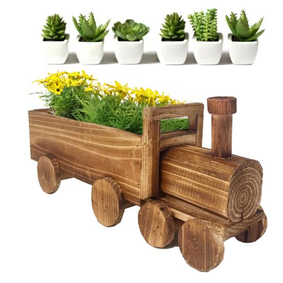 Train Flower Pot Wooden Vintage Bonsai Planter Home Garden Decor Rustic Plant Pot with Drainage Hole for Patio Balcony