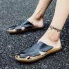 Men Black Leather Slippers Gladiator Sandals Outdoor Summer Brown Handmade Beach Shoes Wide Head Plus Size