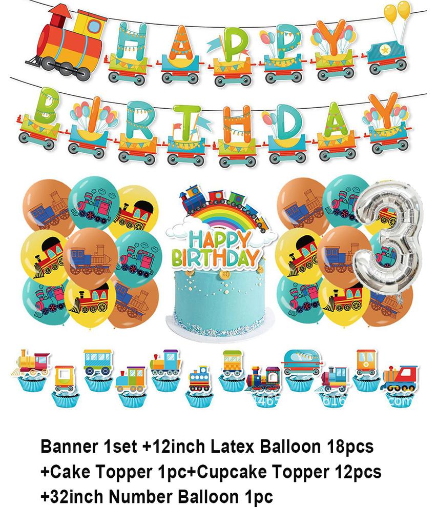 Cartoon Train Theme Birthday Party Decoration Number Balloons Cake Topper Transportation Vehicles Backdrop Banner Party Supplies
