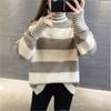 Полосатый свитер с высоким воротником для женщин, осенне-зимний свободный корейский универсальный вязаный свитер, пуловер, женское пальто