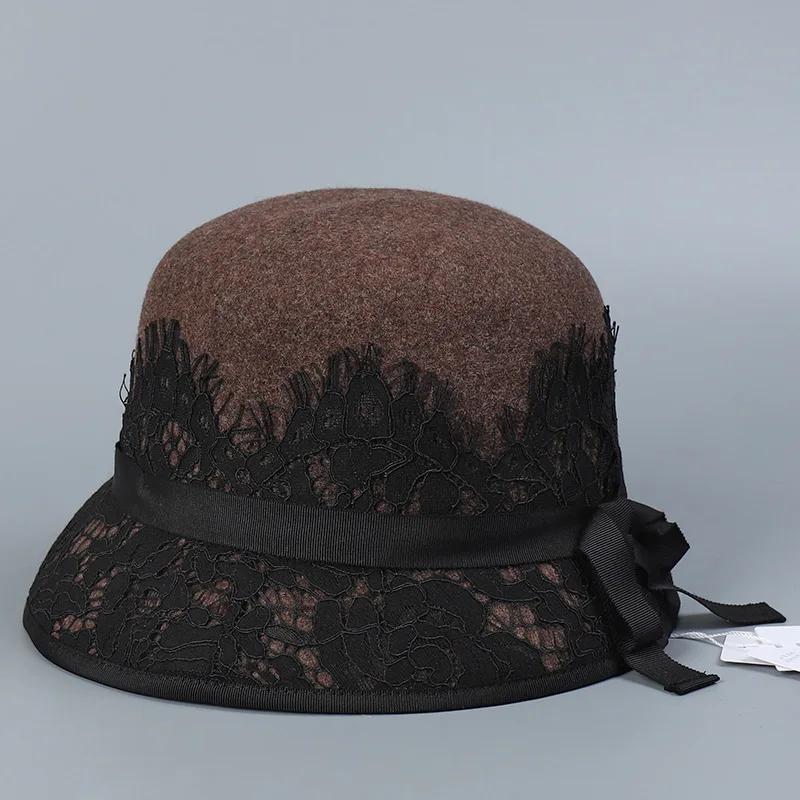 Французская модная шляпа-цилиндр из кружевной шерсти для светской львицы, элегантная шляпа для леди в стиле ретро, молочно-белого цвета, теплая шляпа для рыбалки