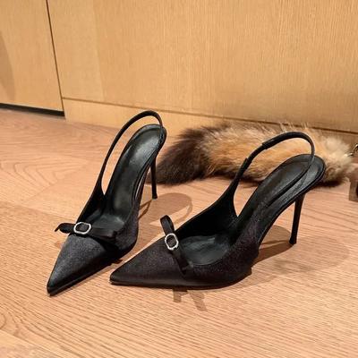 2024 Новые модные женские туфли-лодочки с бантом сзади, однотонные туфли с острым носком для банкета