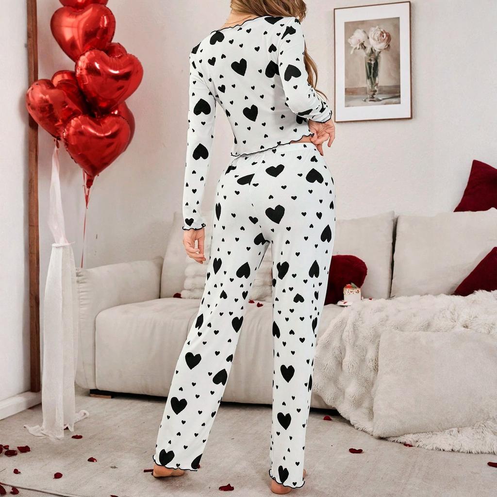 Women's Comfortable Love Print Long-sleeve And Long-pants Pajama Set