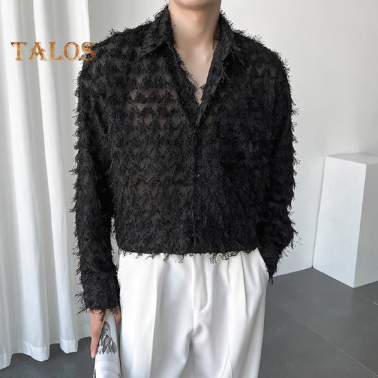 Мужская рубашка с нагрудным карманом и кисточками, отложным воротником, однобортная, с длинными рукавами, однотонная, для праздничной рождественской вечеринки, клубный топ