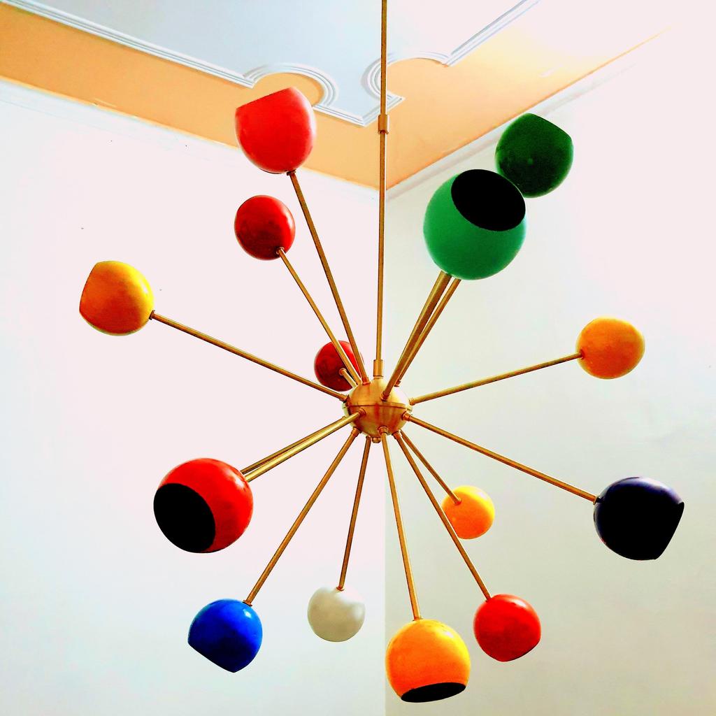 Mid Century Style Multicolored Eyeball Shade Light Brass Chandelier Sputnik Chandelier 16 Arms Brass Decorative Light