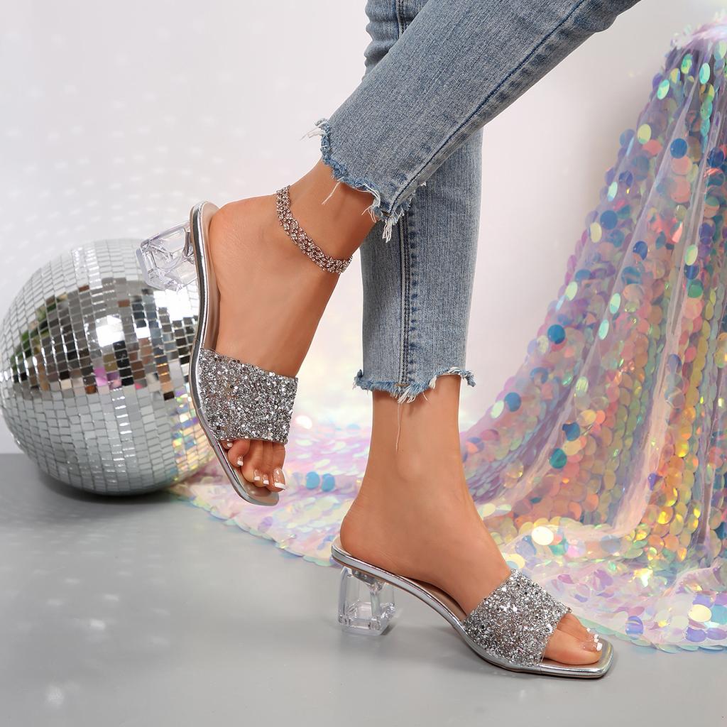Fashion Women High Heels Sandals 2025 New Square Toe Transparent Heeled Sandals Woman Shiny Sequins Summer Fashion Glitter Shoes Women