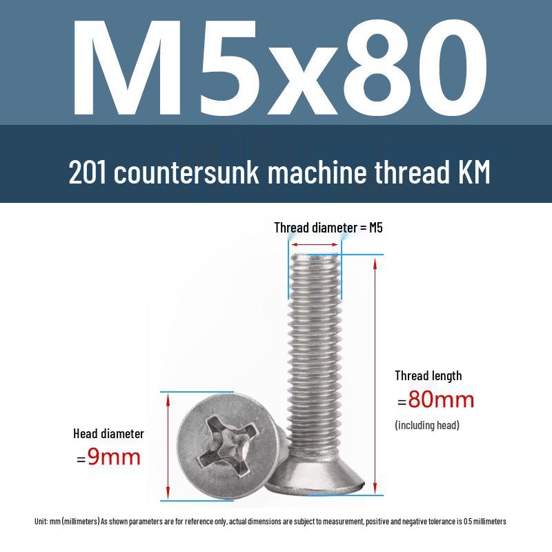 Stainless Steel Phillips Countersunk Machine Screws M2-M5, Flat Tail, Full Thread