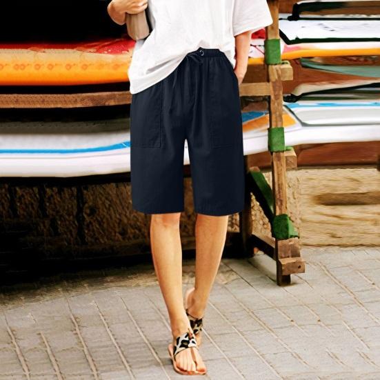 Женские летние шорты из хлопка и льна, повседневные шорты с широкими штанинами, завязывающиеся на шнурок, с карманами, длиной до колена для отдыха на пляже