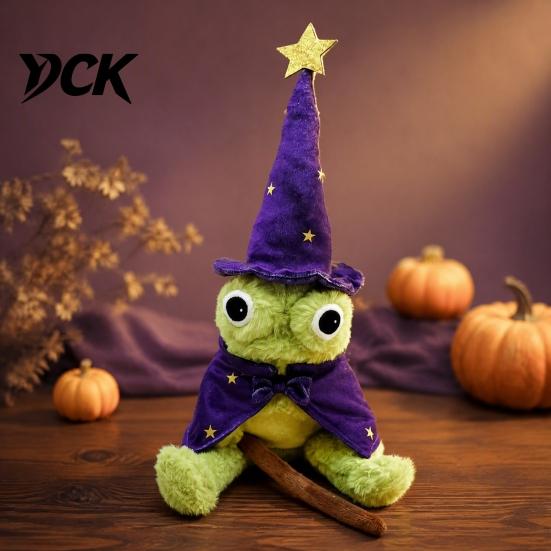 Fantasy Room Decor Wizard Frog Plush Doll, Cute Toy with Star Doll for Collectors Hat Cloak Wand, Soft Stuffed Animal Couch Bed Unique Desk