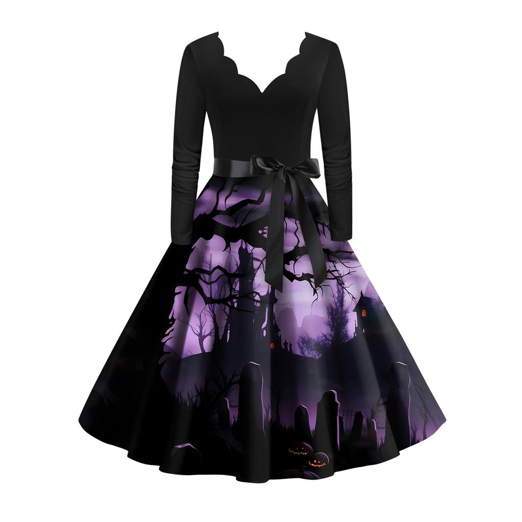 Женское винтажное классическое платье с вырезом на талии и галстуком-бабочкой с длинными рукавами на Хэллоуин с принтом и V-образным вырезом, свободное платье