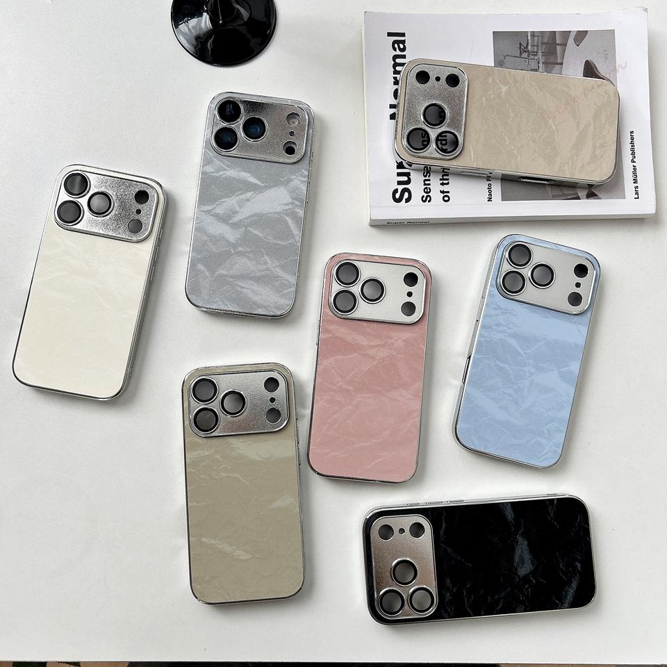 Чехол из plating-кожи для iPhone 17 Air 16 13 14 11 12 15 Pro Max Plus Чехол Защита объектива камеры Жесткая крышка