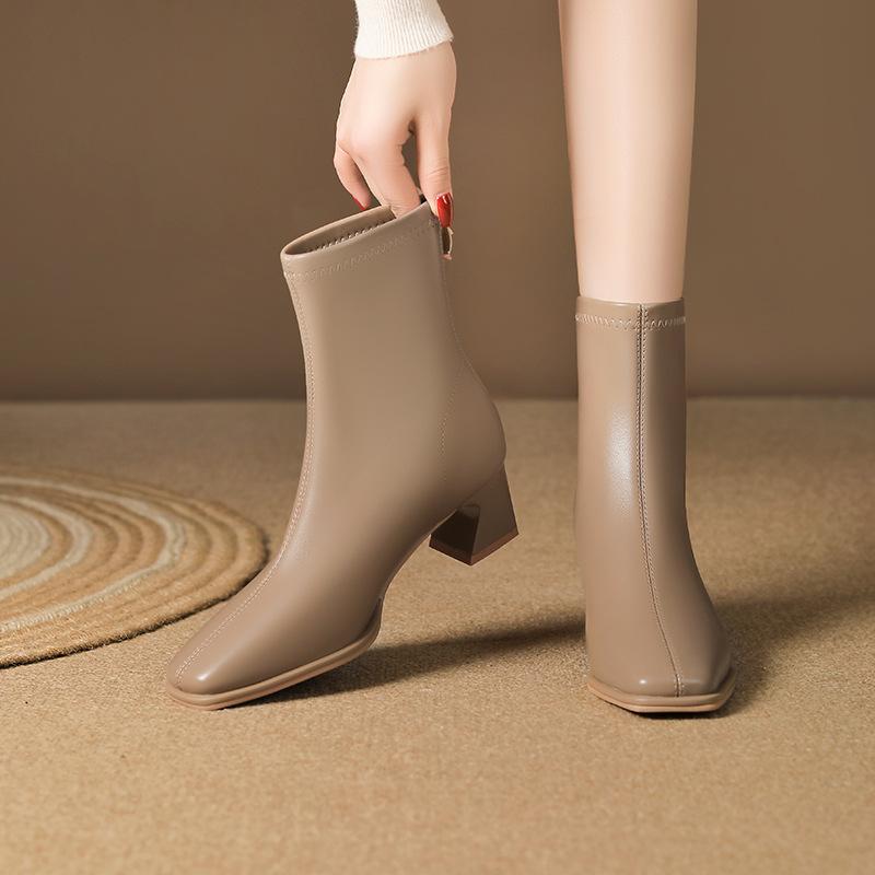 Французские ботильоны на толстом каблуке, женские осенне-зимние новые, для通勤, на молнии, эластичные, с квадратным носком, модные, универсальные, средней высоты, тонкие ботинки