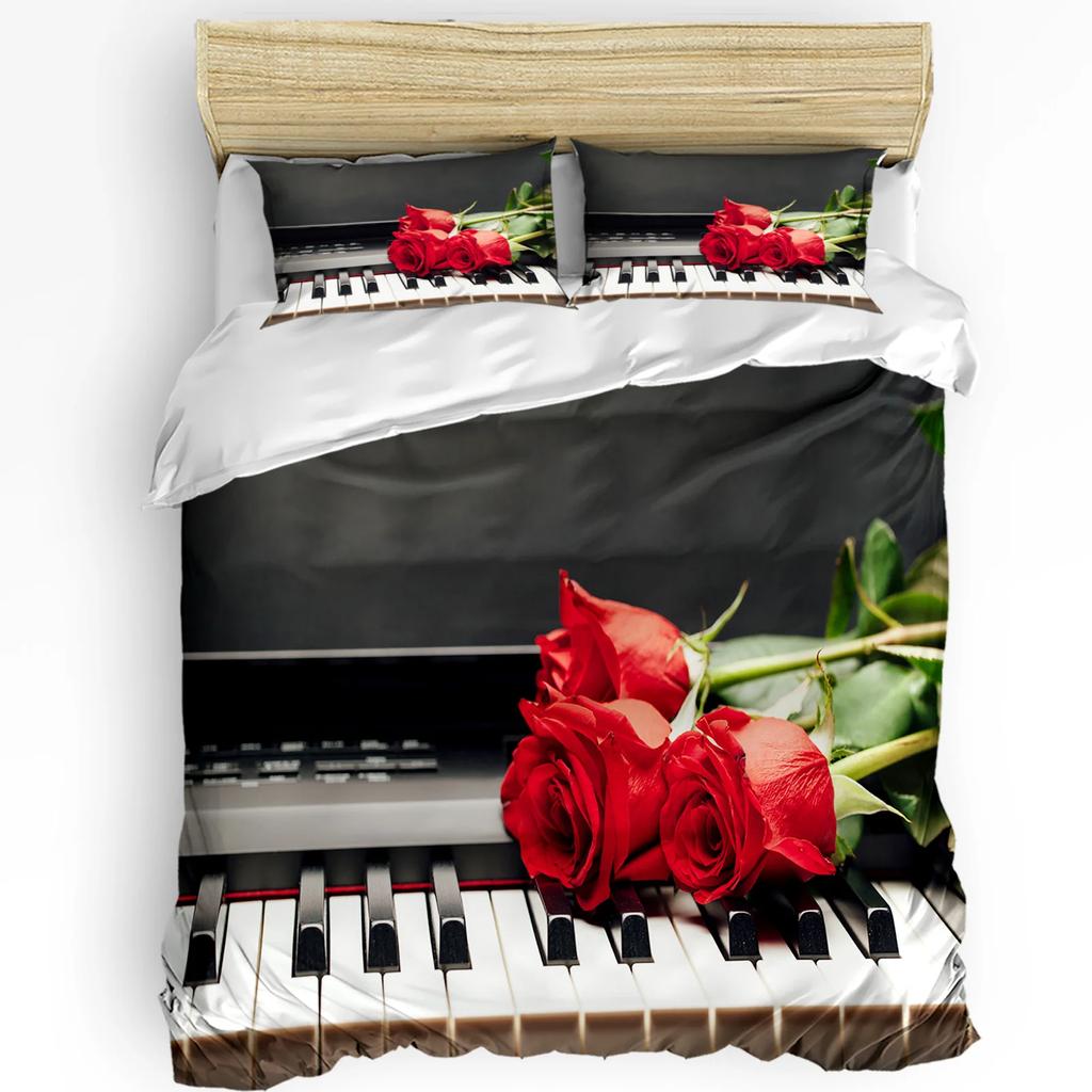 Piano Music Red Rose Flower Bedding Set 3pcs Duvet Cover Pillowcase Kids Adult Quilt Cover Double Bed Set Home Textile