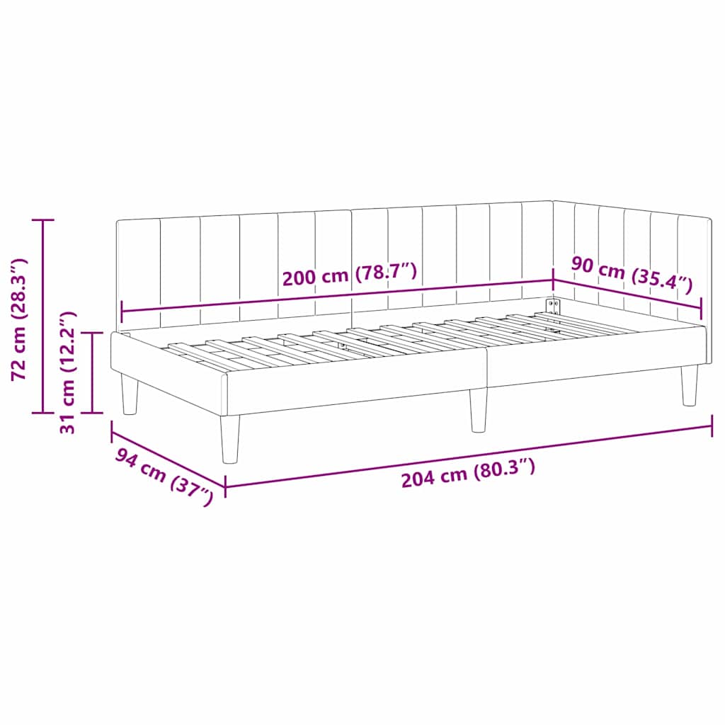 L shaped bed frame with headboard blue 90 cm x 200 cm velvet