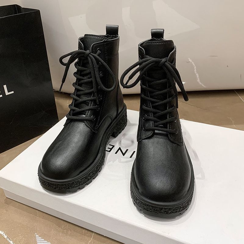 Модные ботильоны Элегантные на низком каблуке Короткая обувь для женщины Шнурки Шнуровка Обувь Панк стиль Боевые Кожа Черный Женские ботильоны